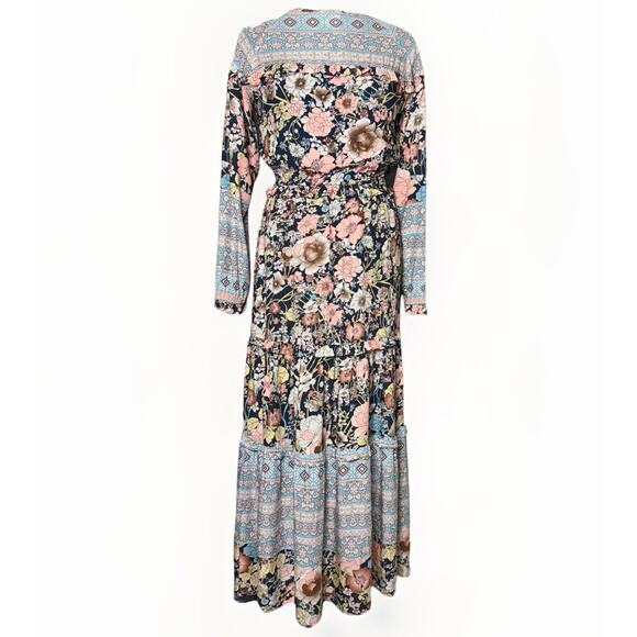 BOHME Medium Maxi Dress Fit Flare Patchwork Boho Floral Long Sleeve Tier Ruffle - Picture 1 of 9
